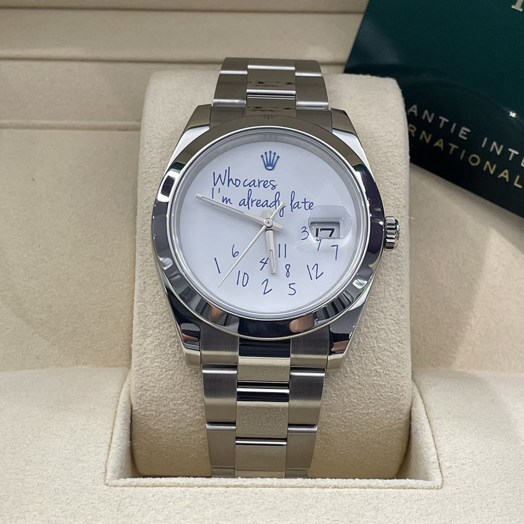 ROLEX DATEJUST 41mm STAINLESS SMOOTH BEZEL WHO CARES IM ALREADY LATE ref: 126300