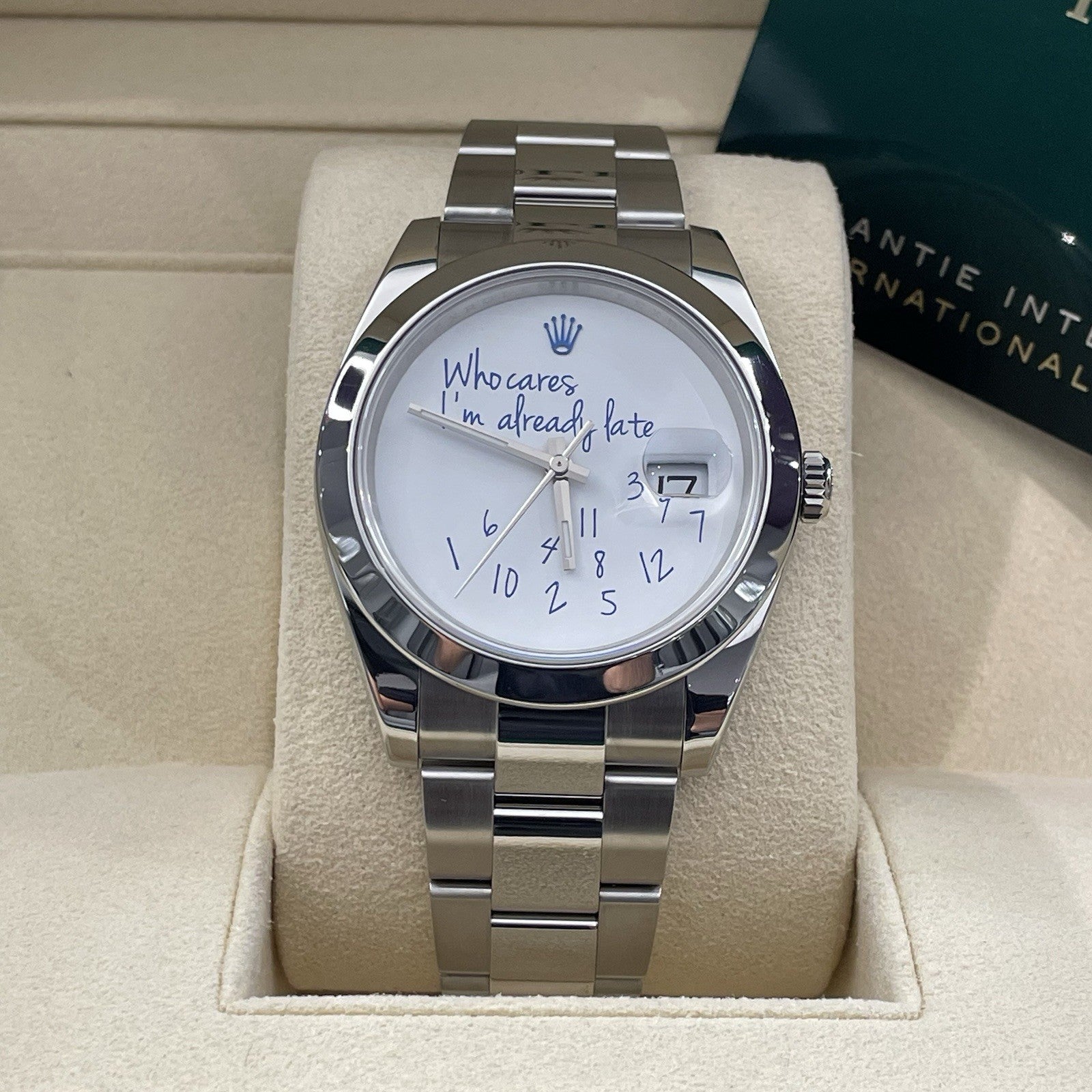 ROLEX DATEJUST 41mm STAINLESS SMOOTH BEZEL WHO CARES IM ALREADY LATE ref: 126300