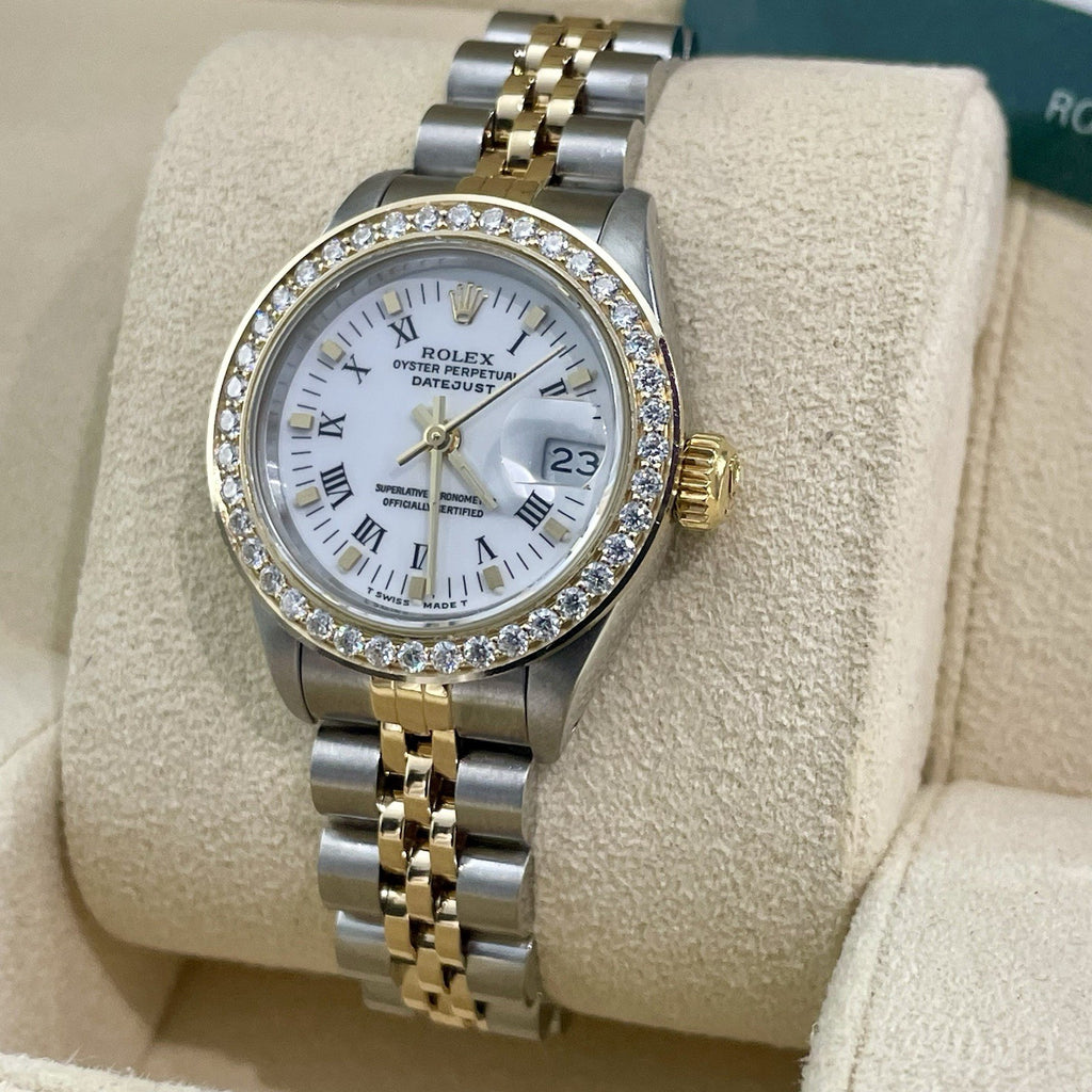 ROLEX LADY-DATEJUST 26mm WHITE ROMAN DIAL DIAMOND BEZEL JUBILEE 2TONE ref: 69173