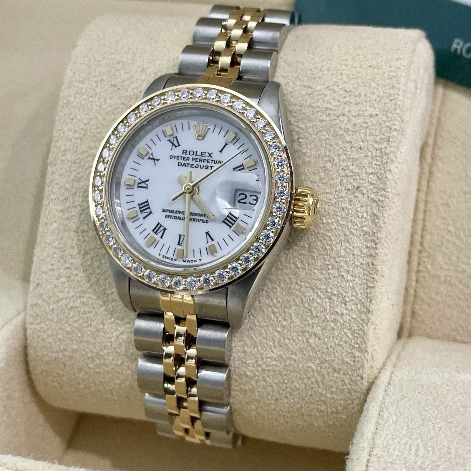 ROLEX LADY-DATEJUST 26mm WHITE ROMAN DIAL DIAMOND BEZEL JUBILEE 2TONE ref: 69173