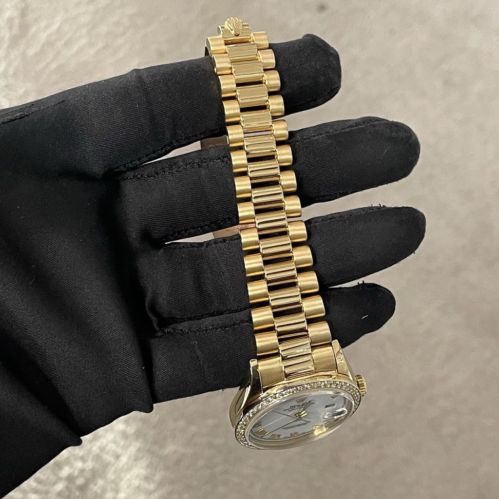 ROLEX DAY-DATE 36 WHITE ROMAN DIAL YELLOW GOLD PRESIDENTIAL DIA BEZEL ref: 18238