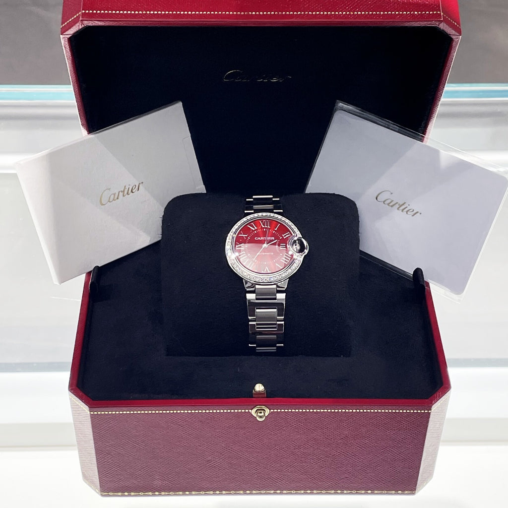 CARTIER BALLON BLEU 33mm RED DIAL DIAMOND BEZEL STAINLESS STEEL ref: WSBB0052