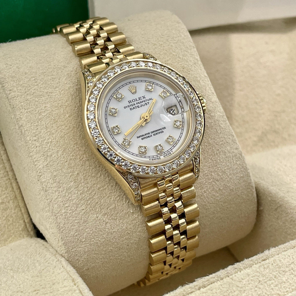 ROLEX DATEJUST 26mm YELLOW GOLD WHITE DIAMOND DIAL DIAMOND CASE ref: 69178
