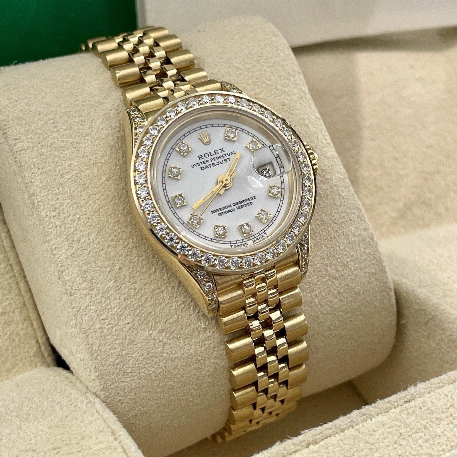 ROLEX DATEJUST 26mm YELLOW GOLD WHITE DIAMOND DIAL DIAMOND CASE ref: 69178