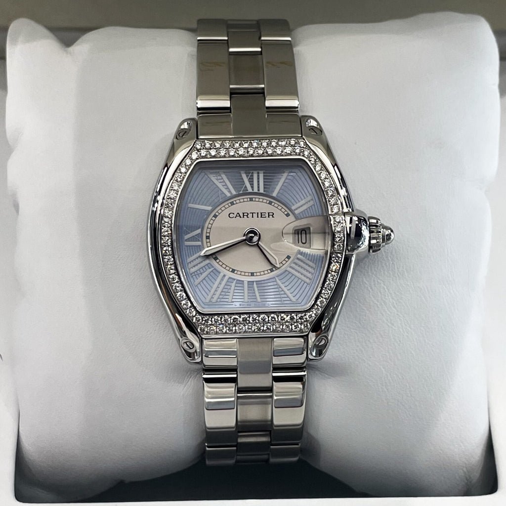 CARTIER ROADSTER LADIES BLUE ROMAN DIAMOND BEZEL STAINLESS ref: W62053V3