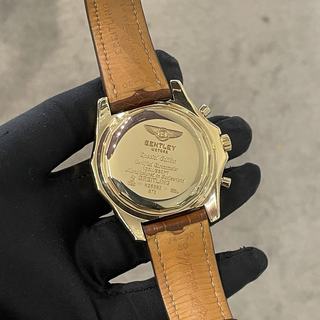 BREITLING BENTLEY MOTORS 48mm YELLOW GOLD SILVER DIAL BROWN STRAP ref: K25362