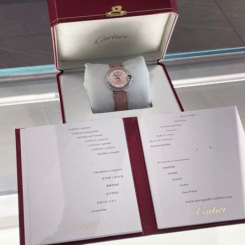 CARTIER BALLON BLEU 33mm PINK DIAL PINK STRAP DIAMOND BEZEL ref: WSBB0031