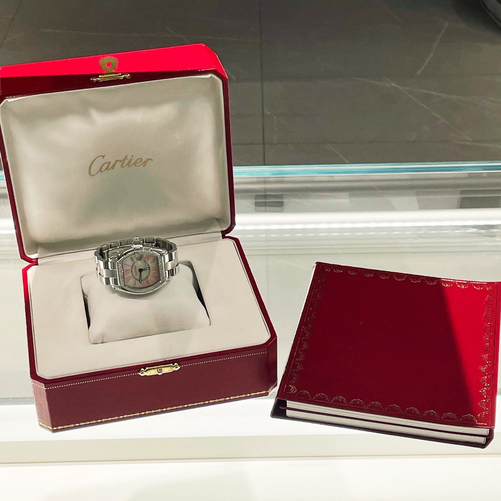 CARTIER ROADSTER LADIES MOTHER OF PEARL PINK ROMAN DIAMOND BEZEL ref: W6206006