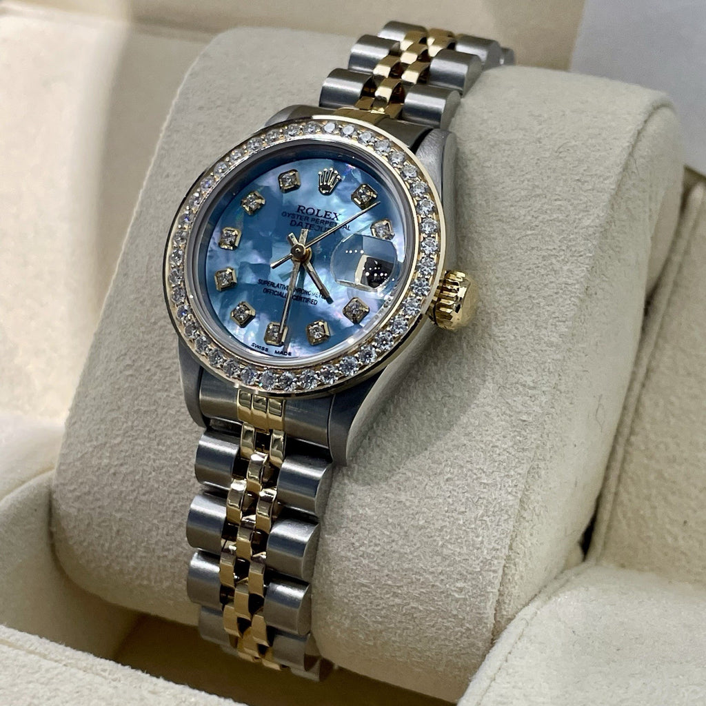 ROLEX LADY-DATEJUST 26mm BLUE MOTHER OF PEARL DIAL DIAMOND BEZEL ref: 69173