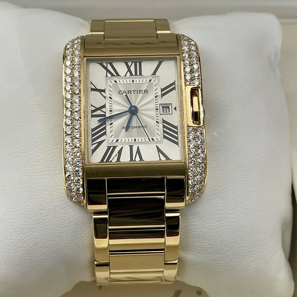 CARTIER TANK ANGLAISE LARGE YELLOW GOLD SILVER DIAL DIAMOND BEZEL ref: W5310015