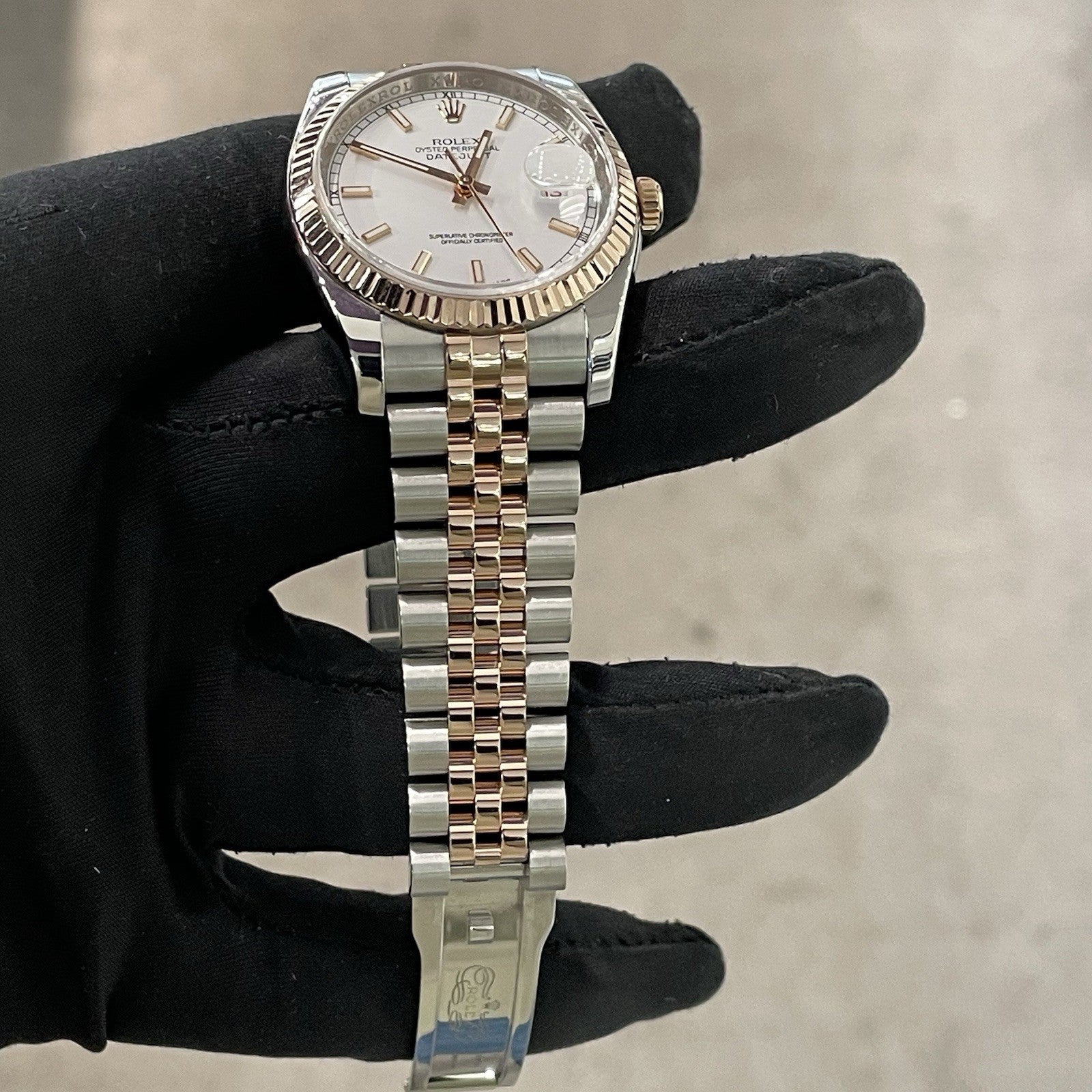 ROLEX DATEJUST 36mm WHITE DIAL ROSE GOLD STAINLESS JUBILEE ref: 116231