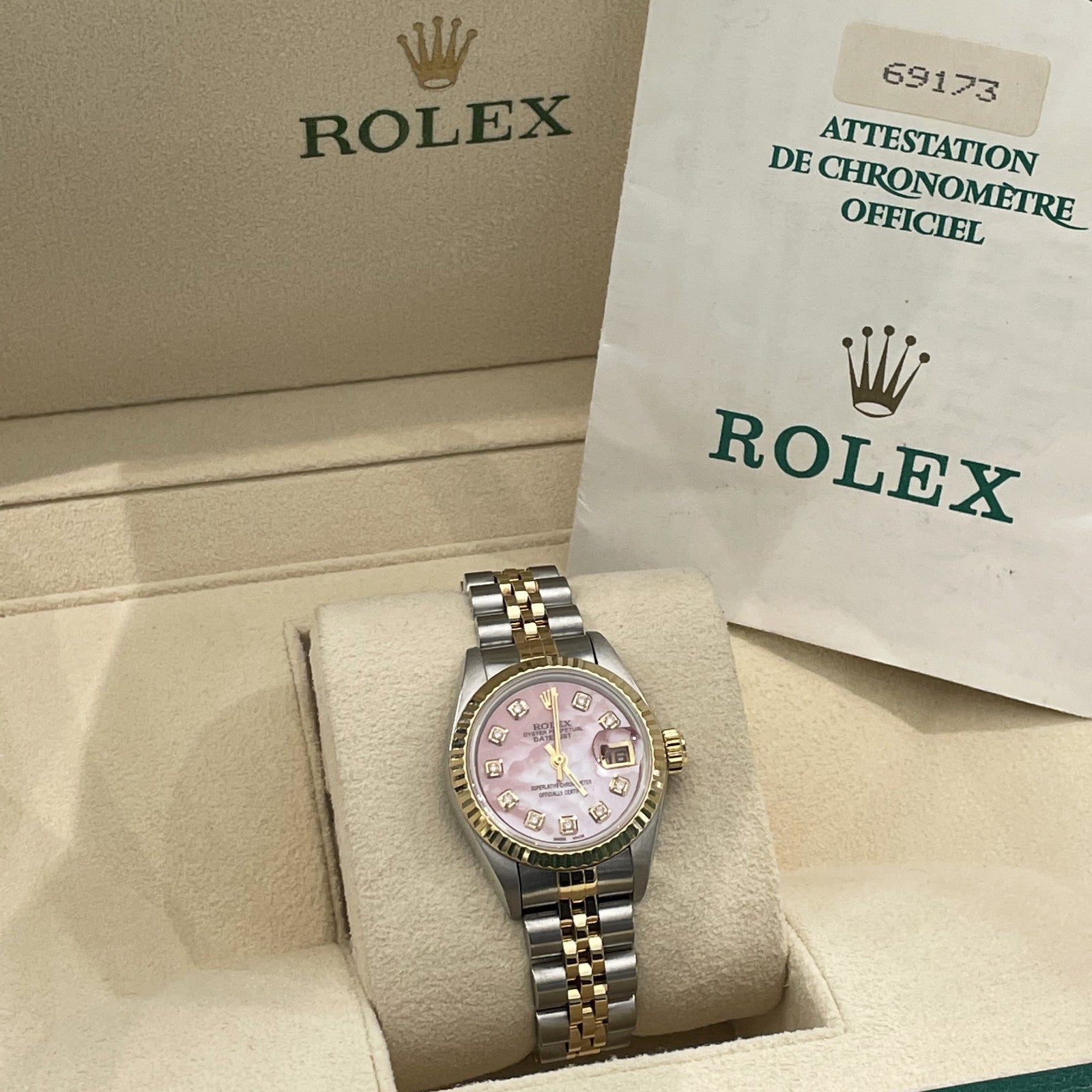 ROLEX LADY-DATEJUST 26mm PINK MOTHER OF PEARL DIAL FLUTED BEZEL ref: 69173