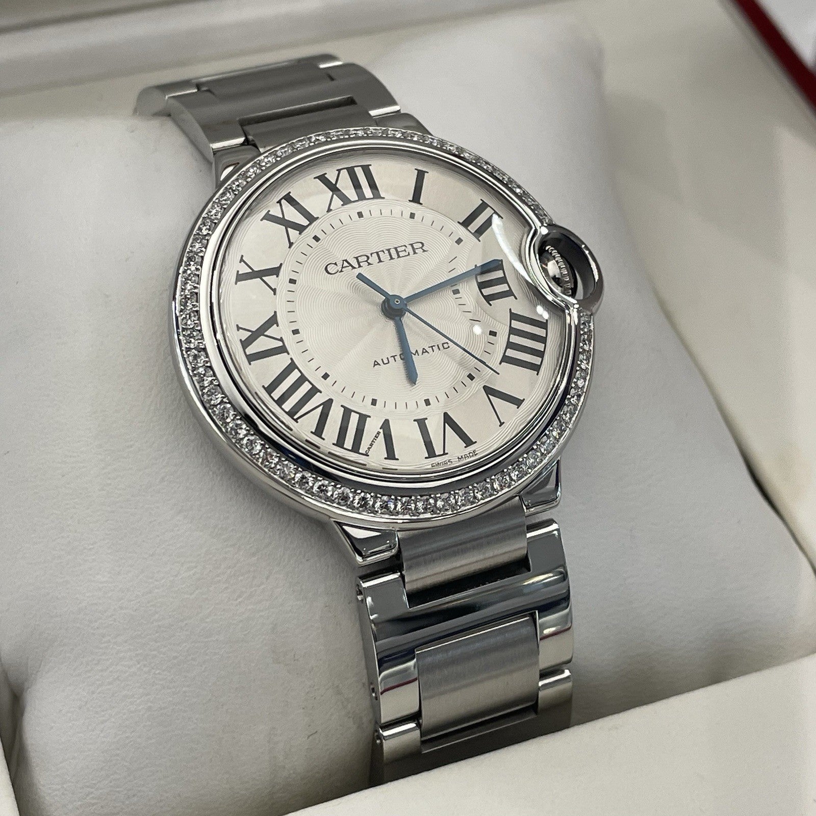 CARTIER BALLON BLEU 36mm SILVER DIAL DIAMOND BEZEL STAINLESS STEEL ref: W6920046