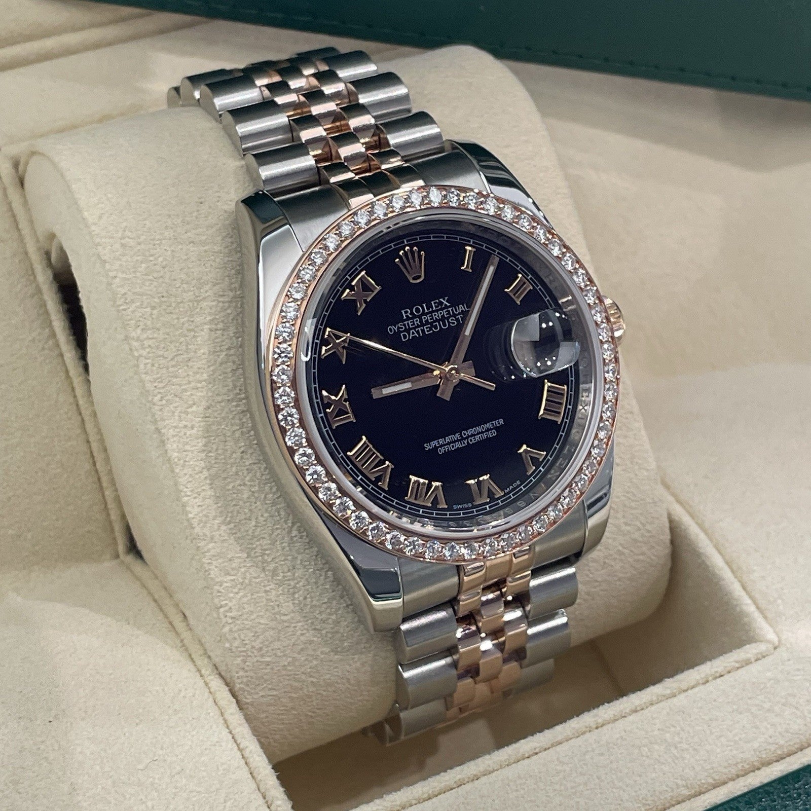 ROLEX DATEJUST 36mm BLACK ROMAN ROSE GOLD STEEL DIAMOND BEZEL ref: 116231