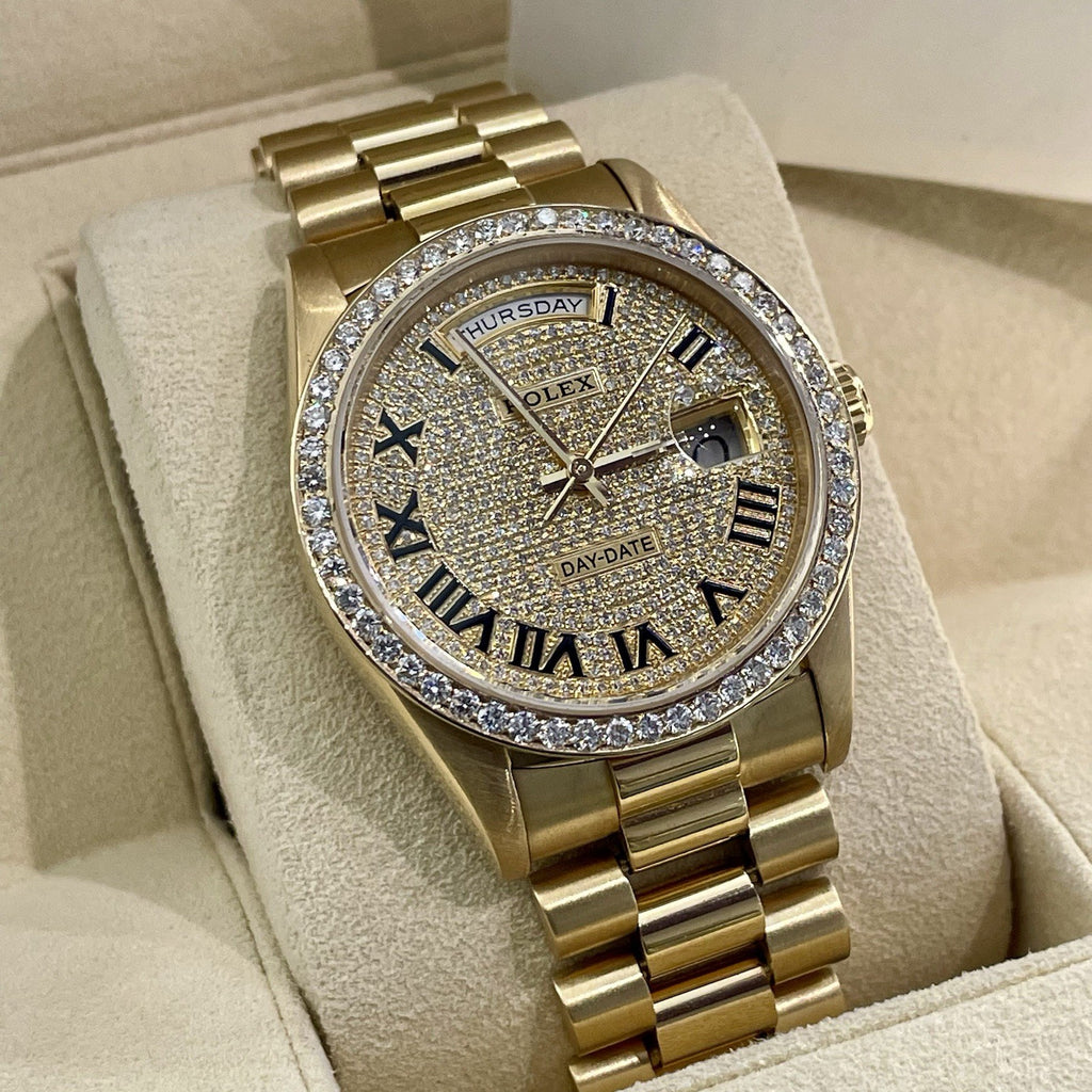 ROLEX DAY-DATE 36 PAVE ROMAN DIAL YELLOW GOLD PRESIDENTIAL DIA BEZEL ref: 18238