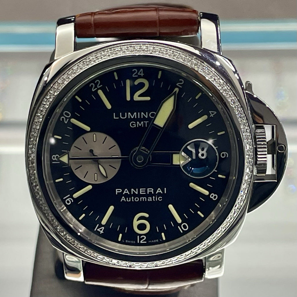 PANERAI LUMINOR GMT 44mm BLACK DIAL BROWN ALLIGATOR DIAMOND BEZEL ref: PAM00088