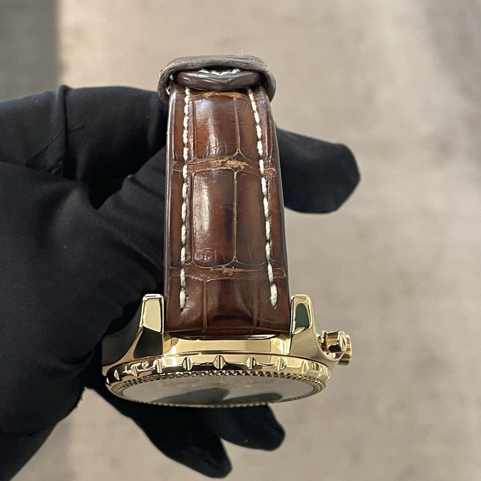 BREITLING BENTLEY MOTORS 48mm YELLOW GOLD SILVER DIAL BROWN STRAP ref: K25362