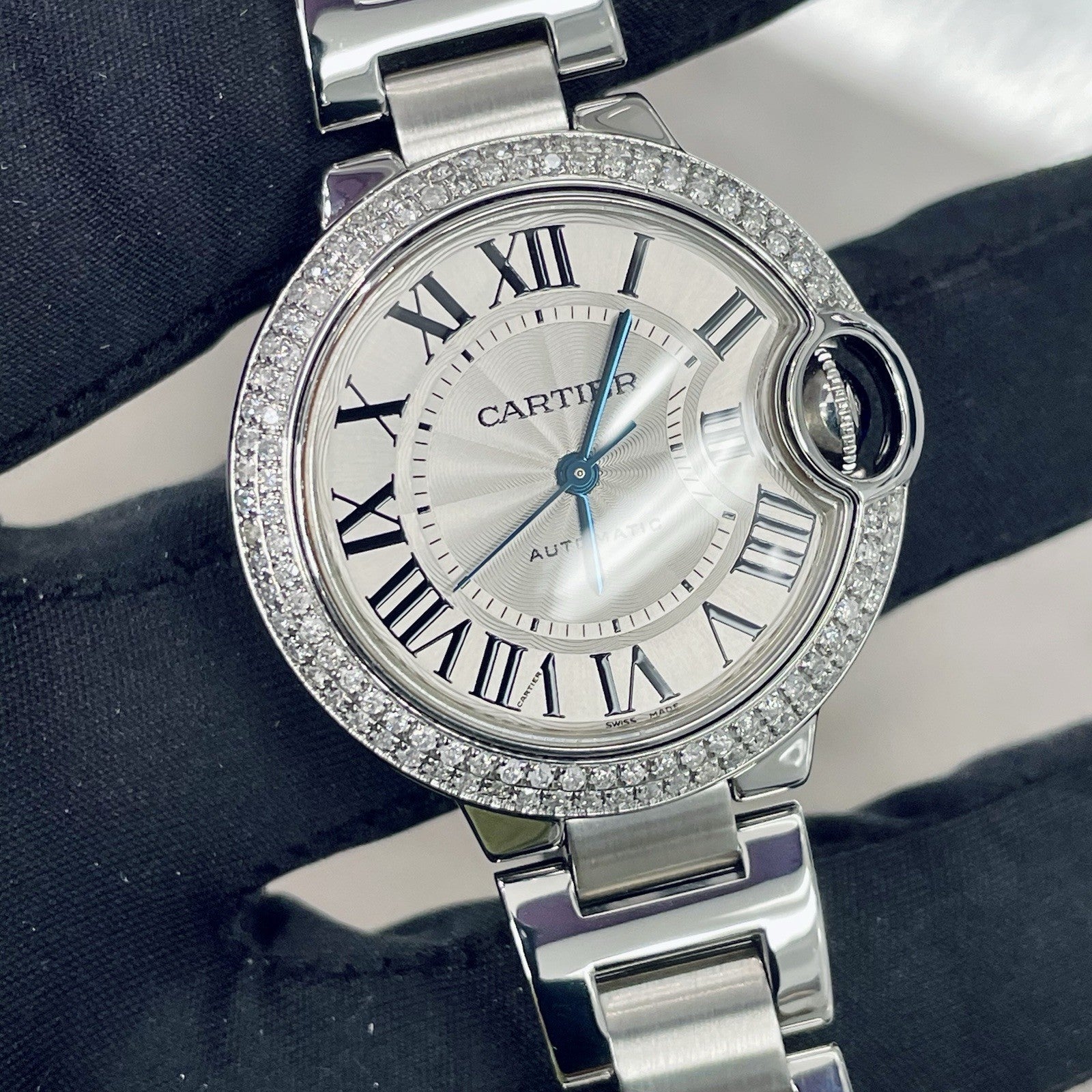 CARTIER BALLON BLEU 33mm SILVER DIAL DOUBLE ROW DIAMOND BEZEL ref: W6920071