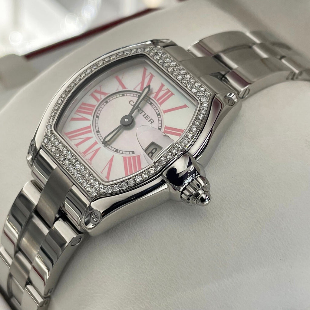 CARTIER ROADSTER LADIES MOTHER OF PEARL PINK ROMAN DIAMOND BEZEL ref: W6206006