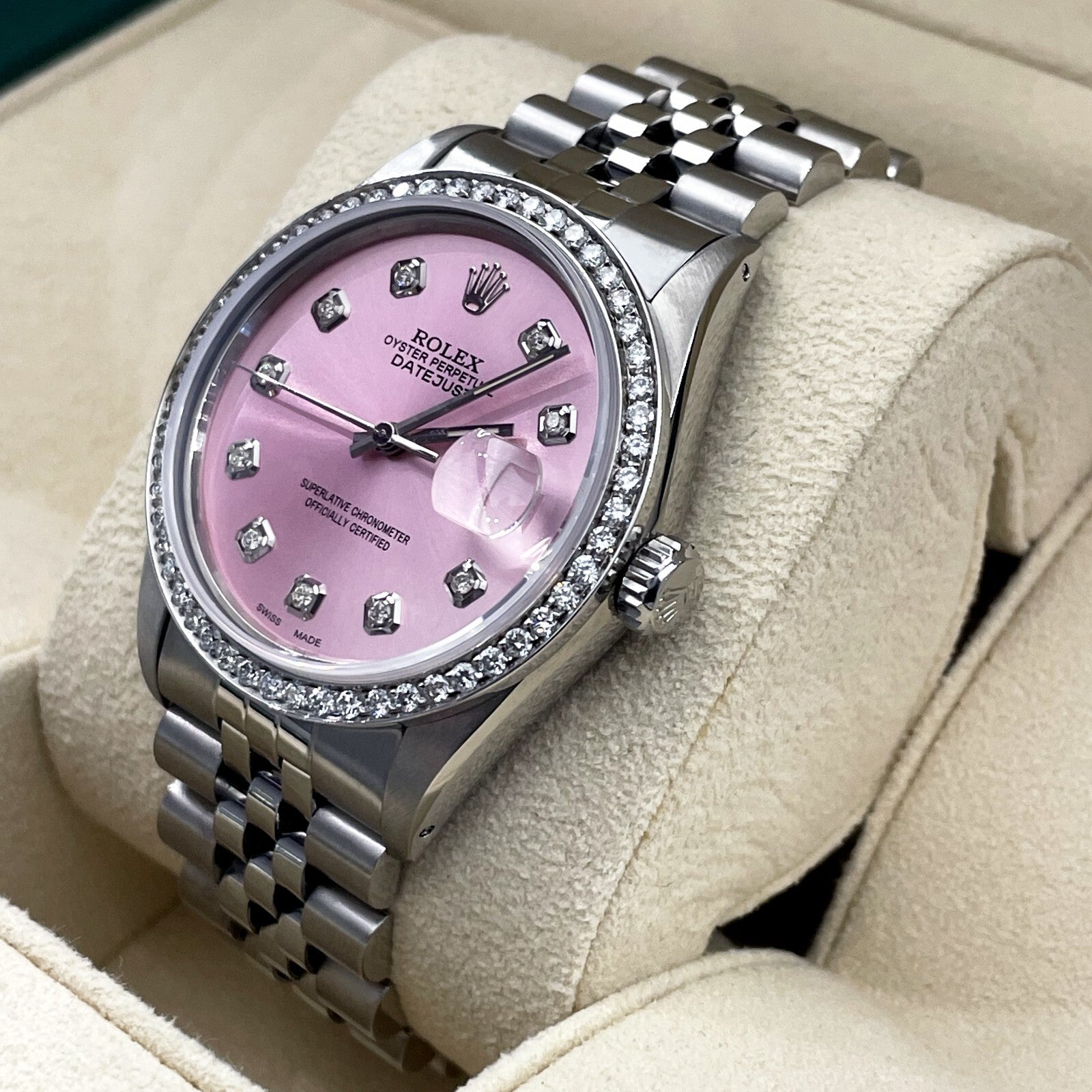 ROLEX DATEJUST 36 PINK DIAMOND DIAL STAINLESS JUBILEE DIAMOND BEZEL ref: 16014