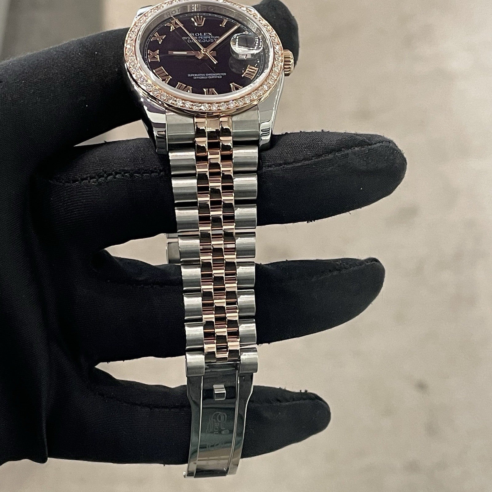 ROLEX DATEJUST 36mm BLACK ROMAN ROSE GOLD STEEL DIAMOND BEZEL ref: 116231