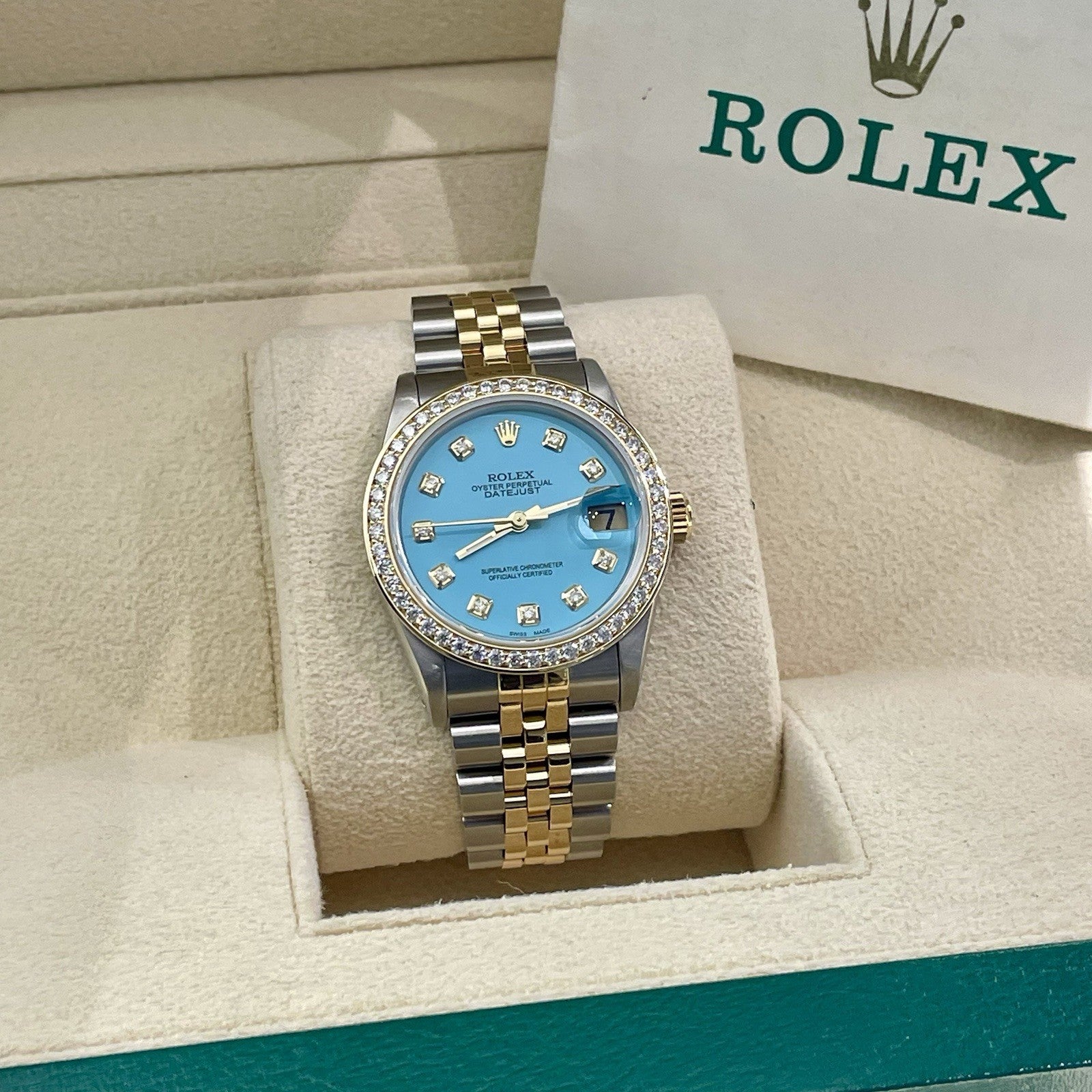 ROLEX DATEJUST 31mm TURQUOISE BLUE DIAMOND DIAL JUBILEE DIAMOND BEZEL ref: 68273