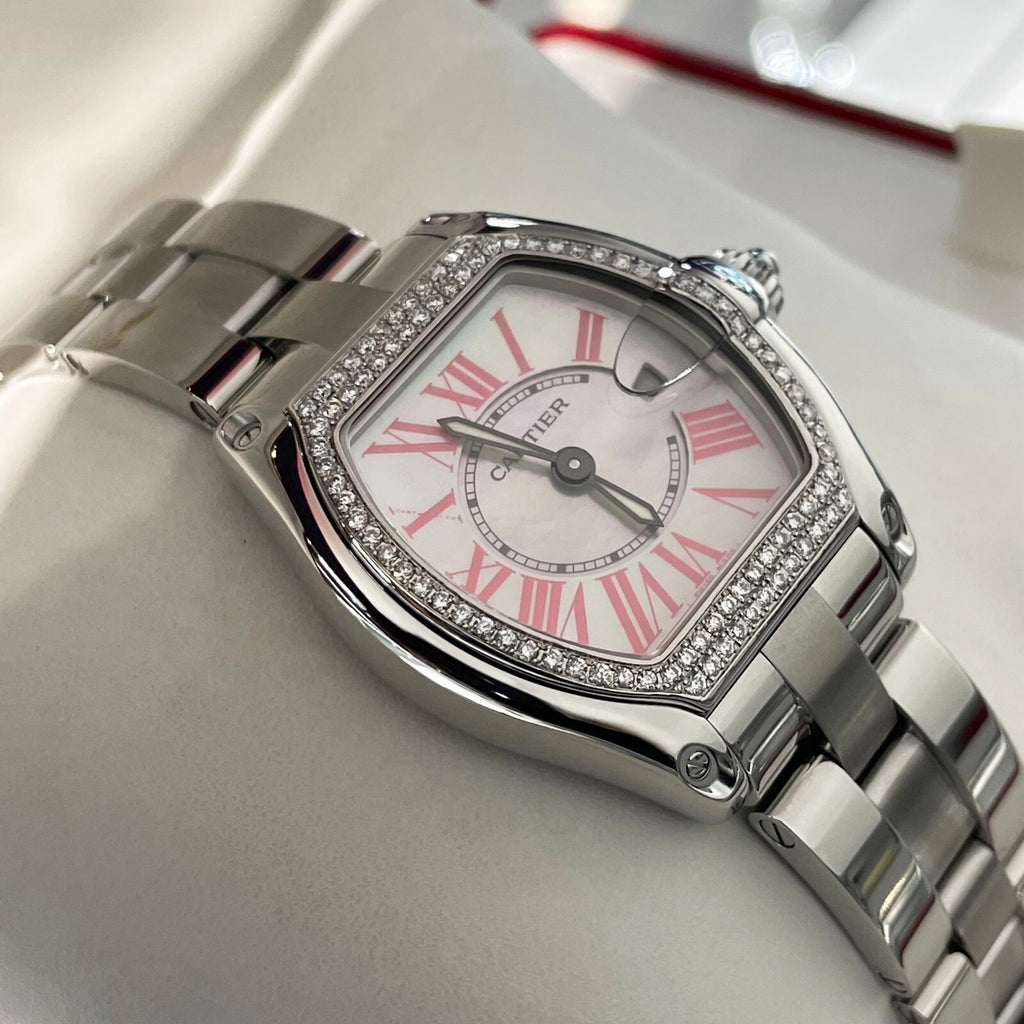 CARTIER ROADSTER LADIES MOTHER OF PEARL PINK ROMAN DIAMOND BEZEL ref: W6206006