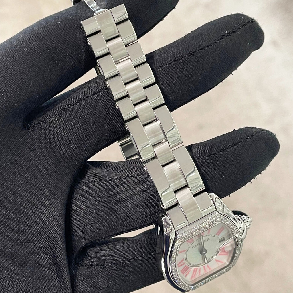 CARTIER ROADSTER LADIES MOTHER OF PEARL PINK ROMAN DIAMOND BEZEL ref: W6206006