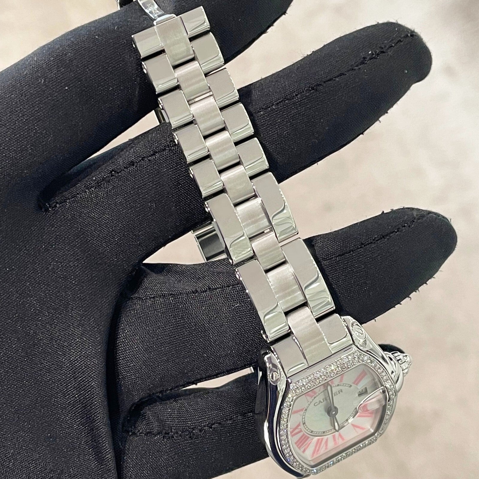 CARTIER ROADSTER LADIES MOTHER OF PEARL PINK ROMAN DIAMOND BEZEL ref: W6206006