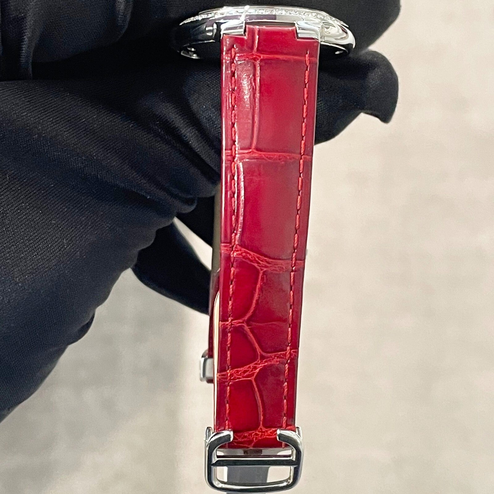 CARTIER BALLON BLEU 33mm RED DIAL DIAMOND BEZEL RED ALLIGATOR ref: WSBB0022