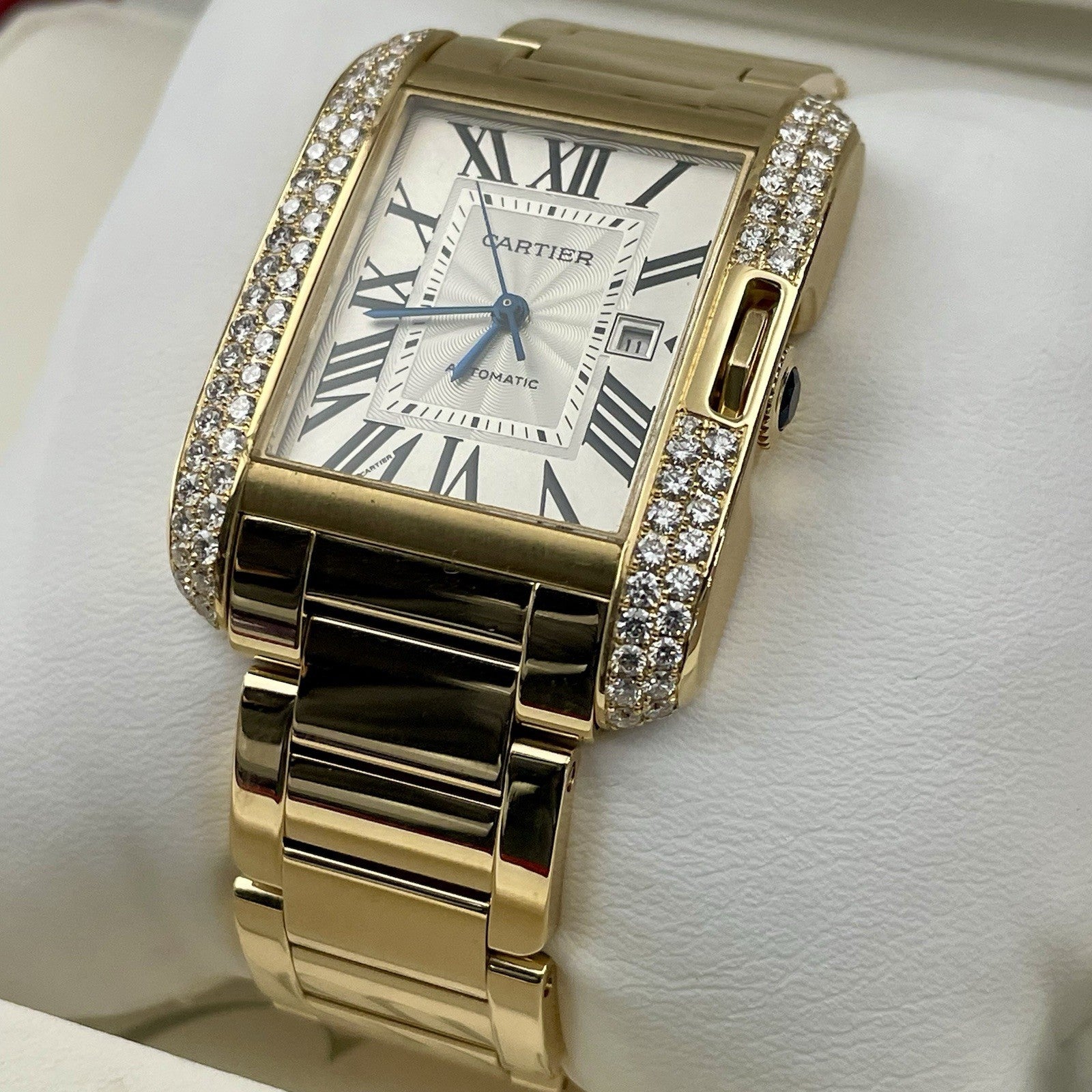 CARTIER TANK ANGLAISE LARGE YELLOW GOLD SILVER DIAL DIAMOND BEZEL ref: W5310015