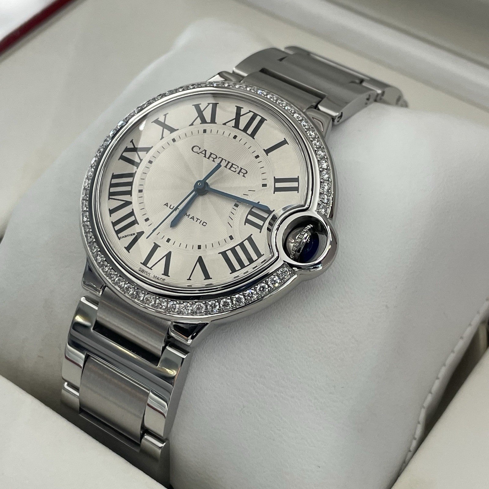 CARTIER BALLON BLEU 36mm SILVER DIAL DIAMOND BEZEL STAINLESS STEEL ref: W6920046