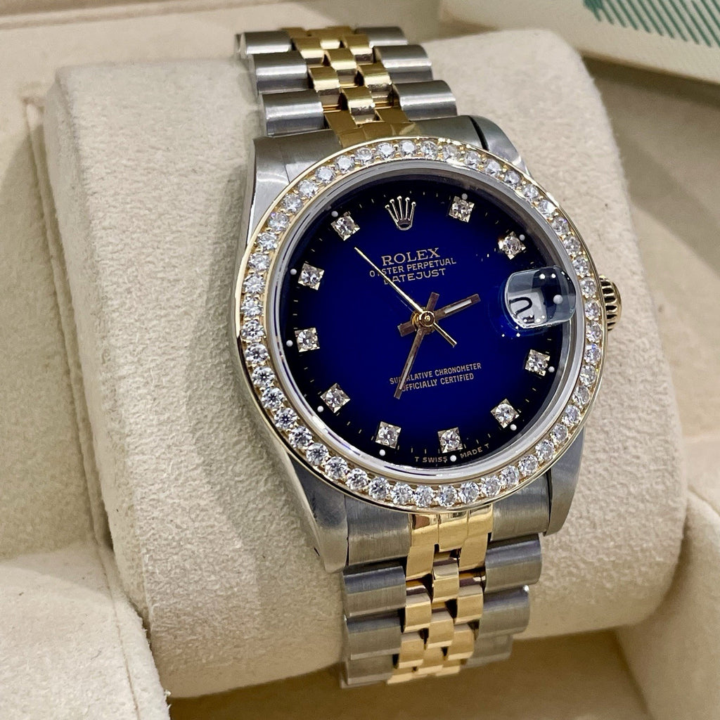 ROLEX DATEJUST 31mm FACTORY BLUE VIGNETTE DIAMOND DIAL DIAMOND BEZEL ref: 68273