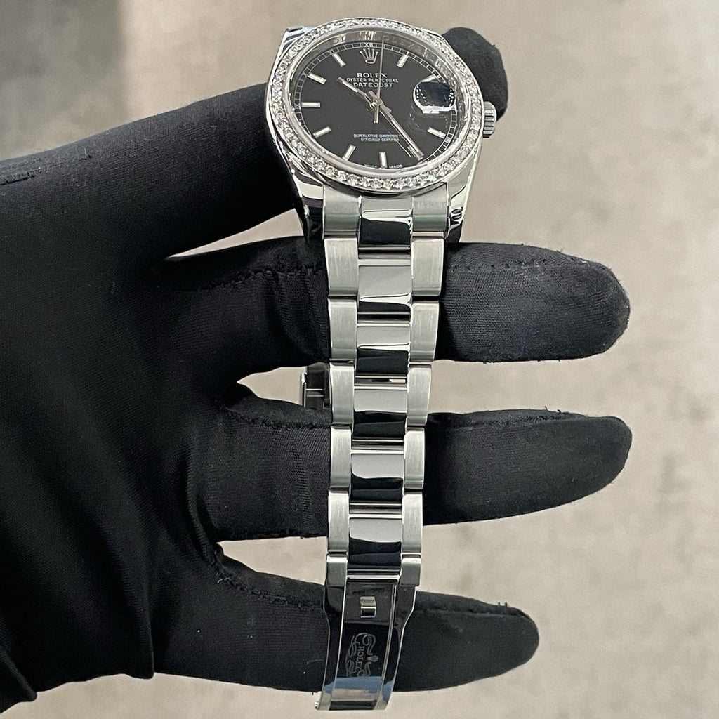 ROLEX DATEJUST 36mm BLACK DIAL OYSTERSTEEL DIAMOND BEZEL ref: 116200