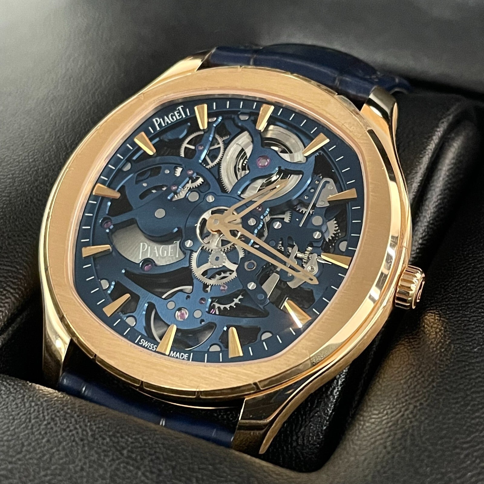 PIAGET POLO SKELETON 42mm ROSE GOLD BLUE ALLIGATOR ref: G0A46009