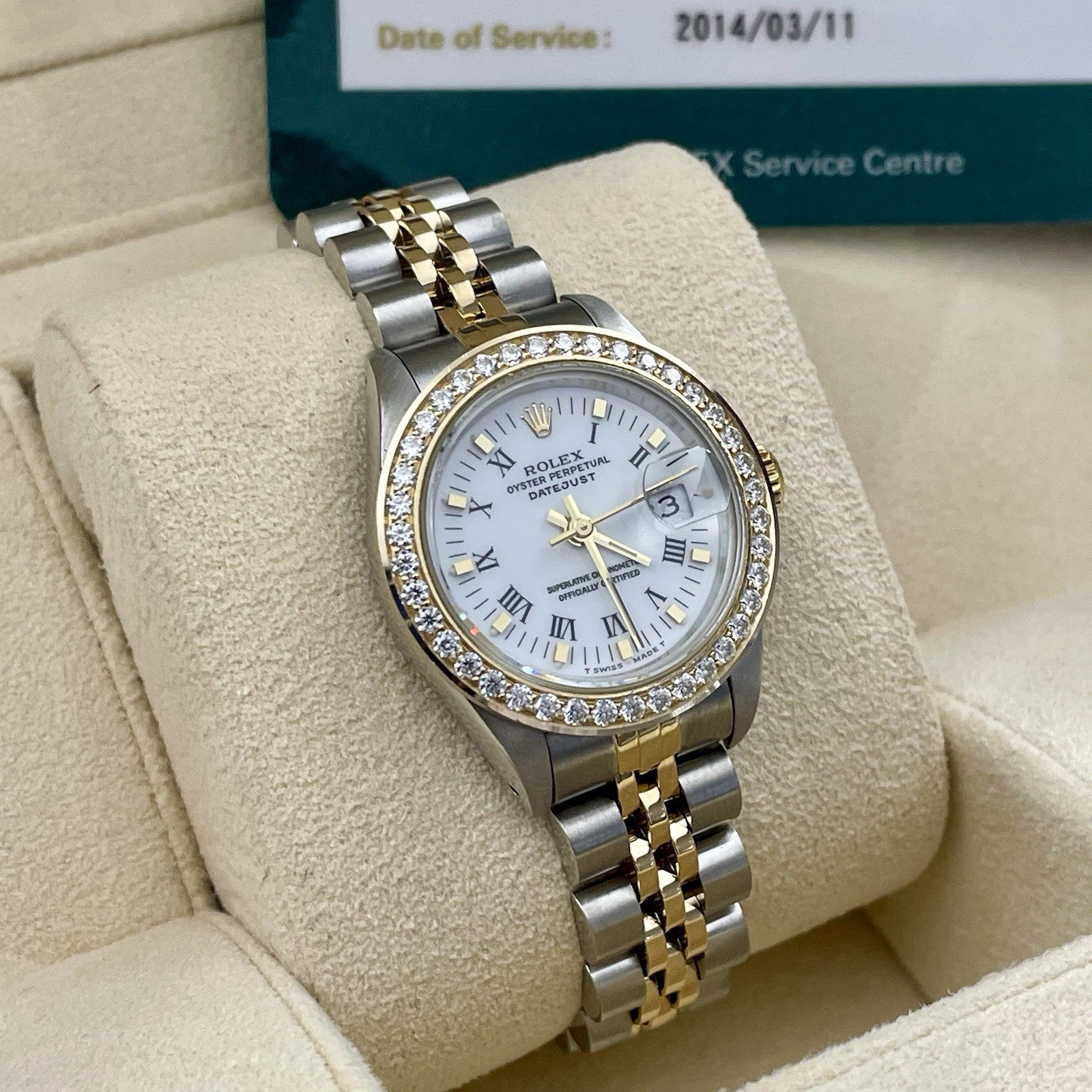 ROLEX LADY-DATEJUST 26mm WHITE ROMAN DIAL DIAMOND BEZEL JUBILEE 2TONE ref: 69173