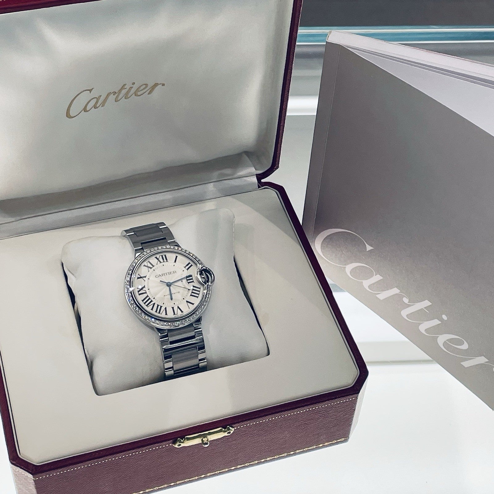 CARTIER BALLON BLEU 36mm SILVER DIAL DIAMOND BEZEL STAINLESS STEEL ref: W6920046