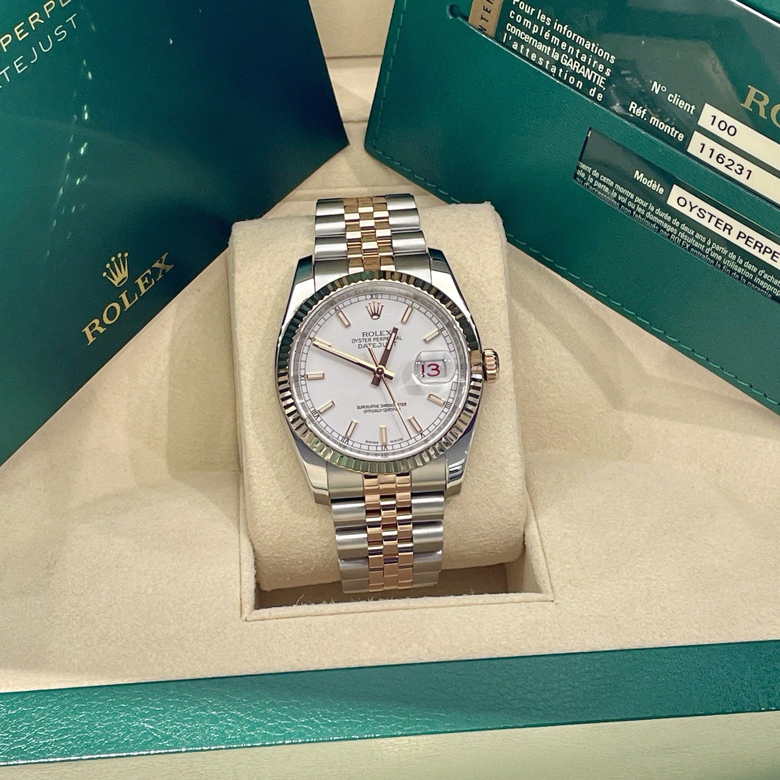 ROLEX DATEJUST 36mm WHITE DIAL ROSE GOLD STAINLESS JUBILEE ref: 116231