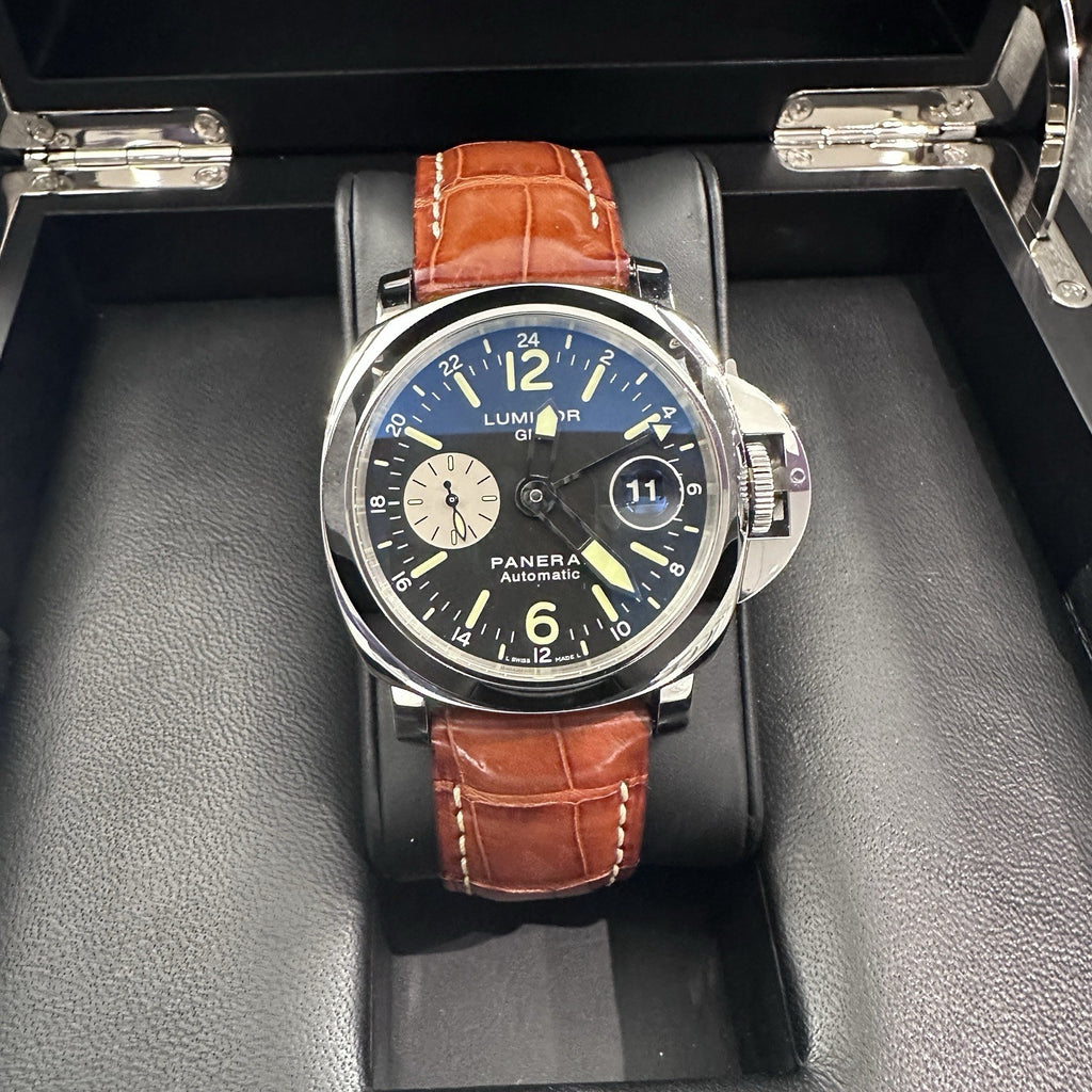 PANERAI LUMINOR GMT 44mm BLACK DIAL BROWN ALLIGATOR STAINLESS ref: PAM00088