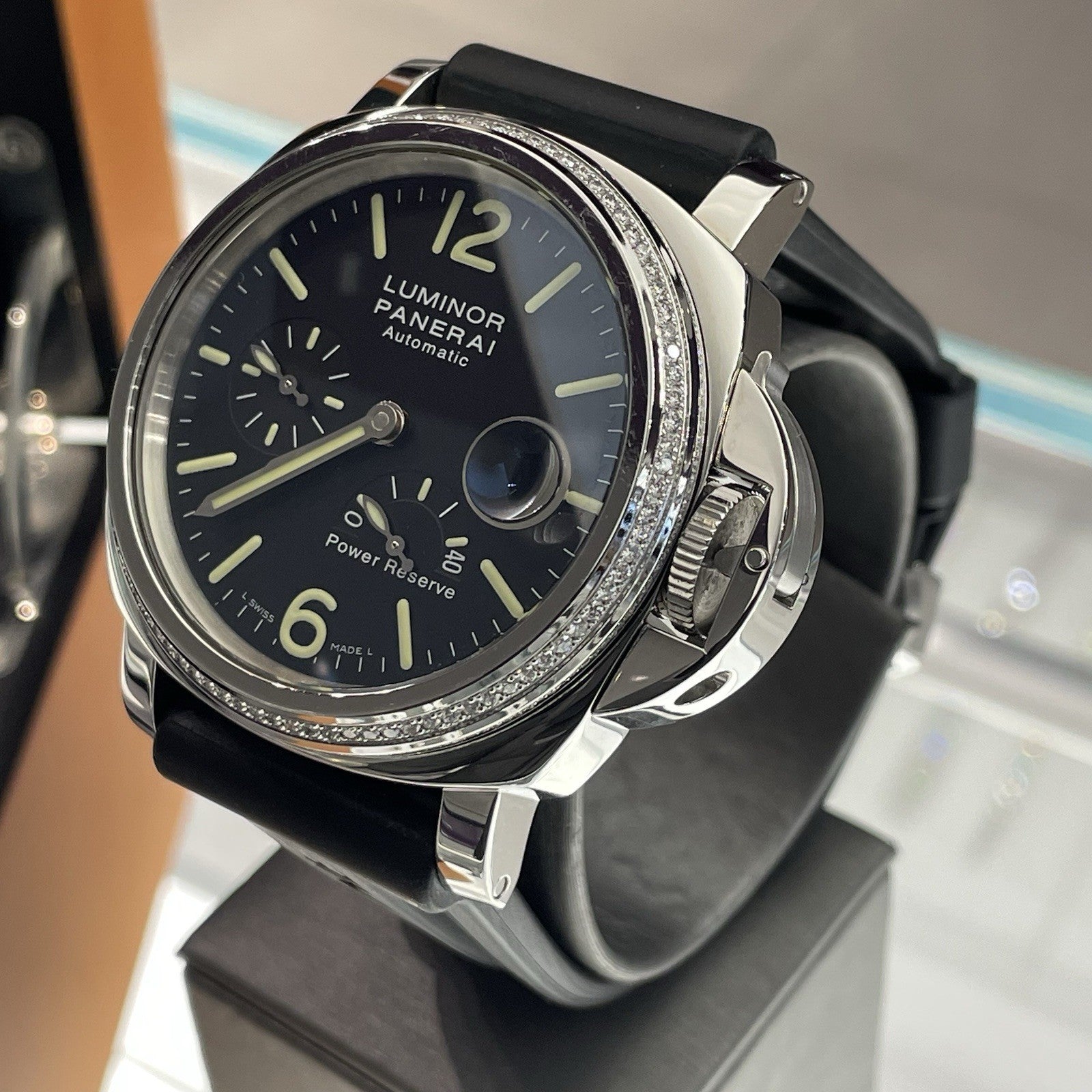PANERAI LUMINOR POWER RESERVE 44mm BLACK DIAL DIAMOND BEZEL ref: PAM00090