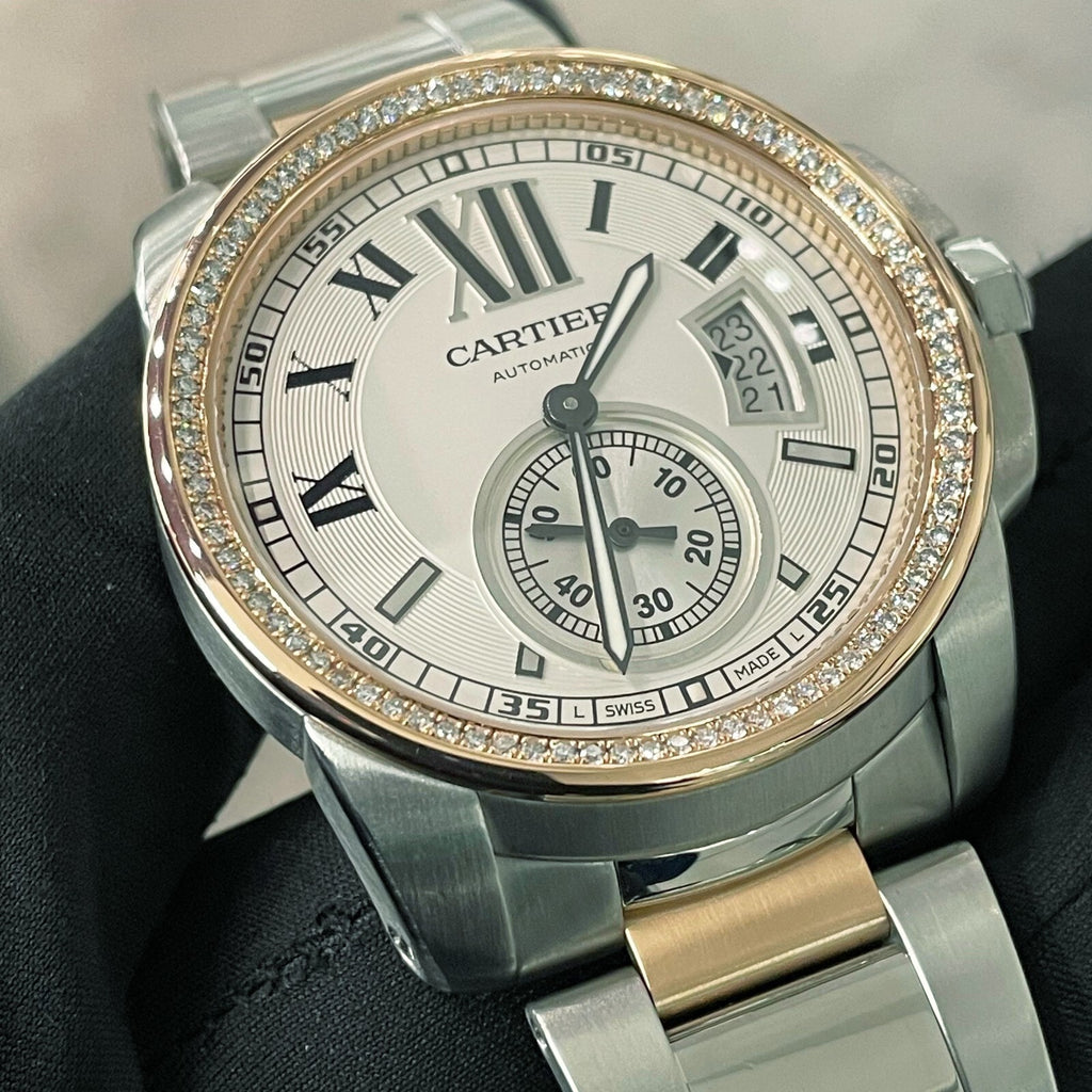 CARTIER CALIBRE 42mm ROSE GOLD STAINLESS DIAMOND BEZEL SILVER DIAL ref: W7100036