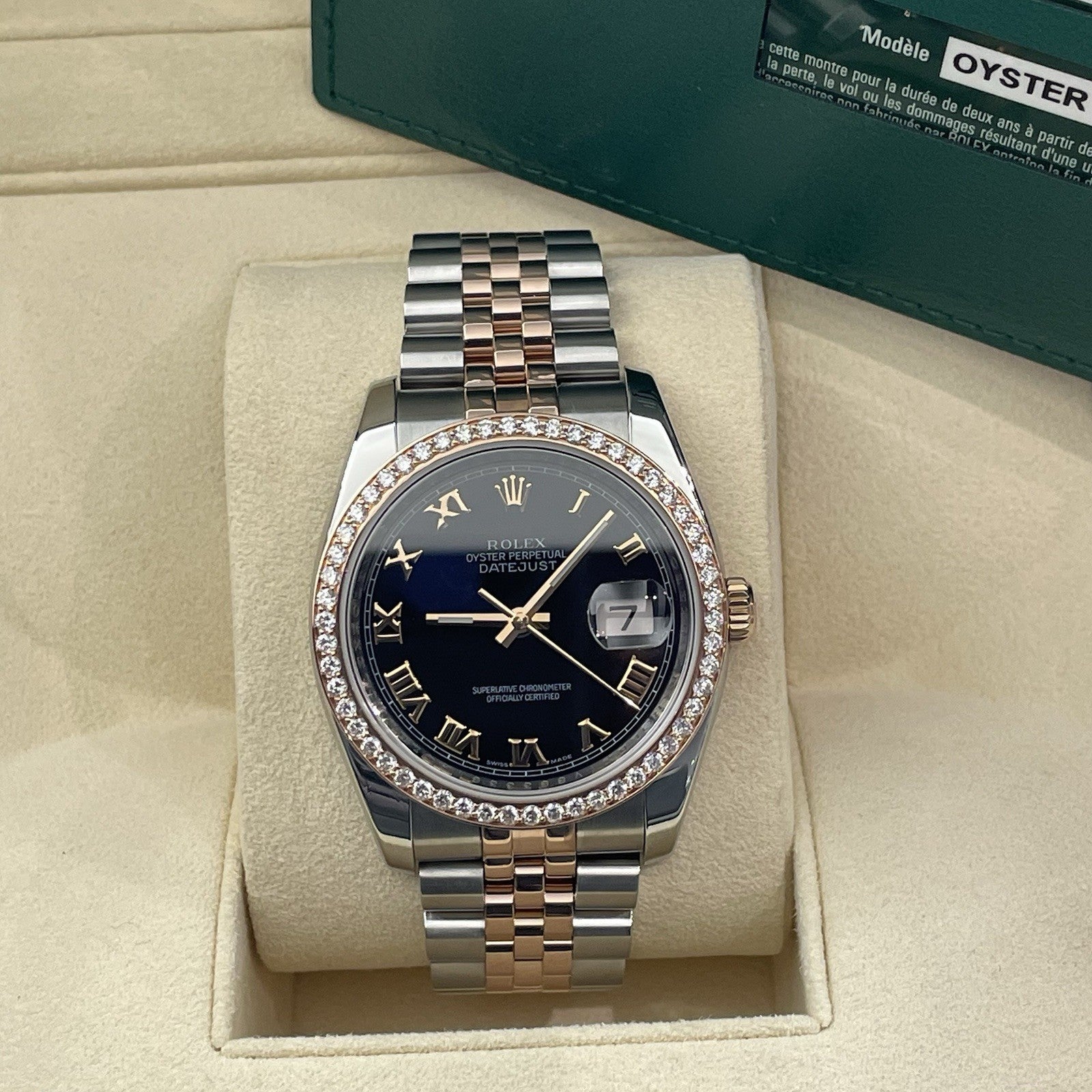 ROLEX DATEJUST 36mm BLACK ROMAN ROSE GOLD STEEL DIAMOND BEZEL ref: 116231