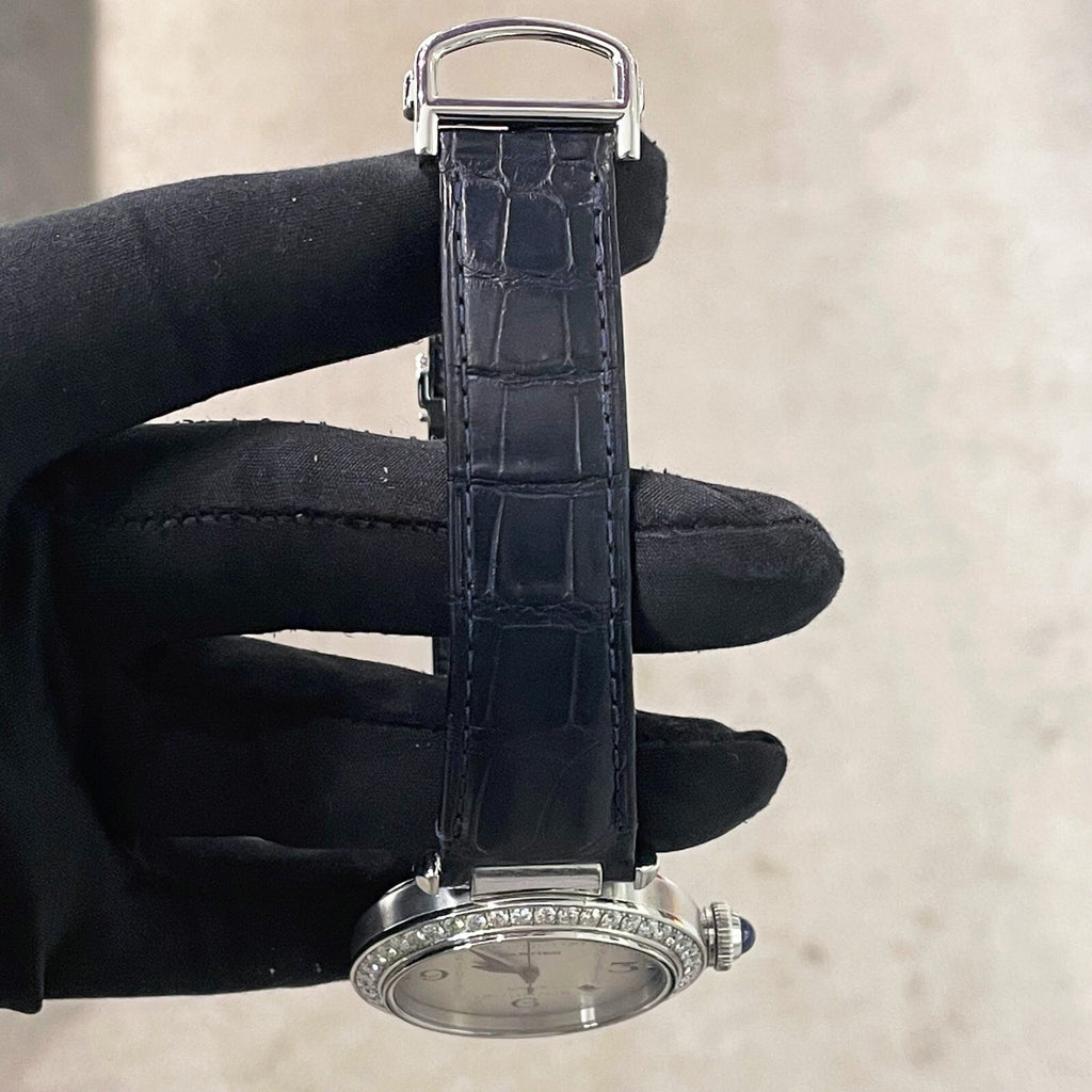 CARTIER PASHA 41mm DIAMOND BEZEL BLUE ALLIGATOR SILVER DIAL STEEL ref: WSPA0010