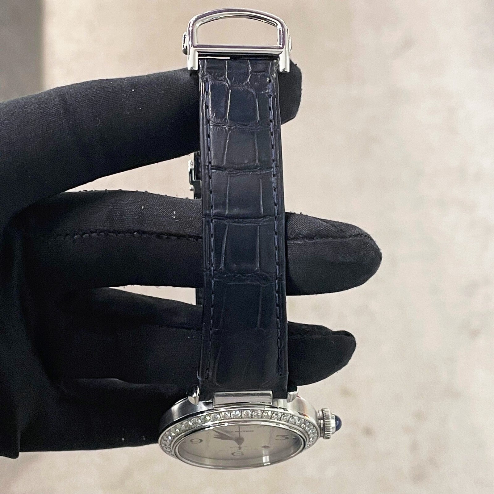 CARTIER PASHA 41mm DIAMOND BEZEL BLUE ALLIGATOR SILVER DIAL STEEL ref: WSPA0010