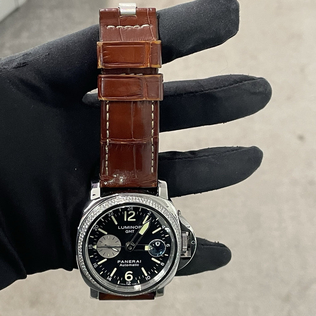 PANERAI LUMINOR GMT 44mm BLACK DIAL BROWN ALLIGATOR DIAMOND BEZEL ref: PAM00088