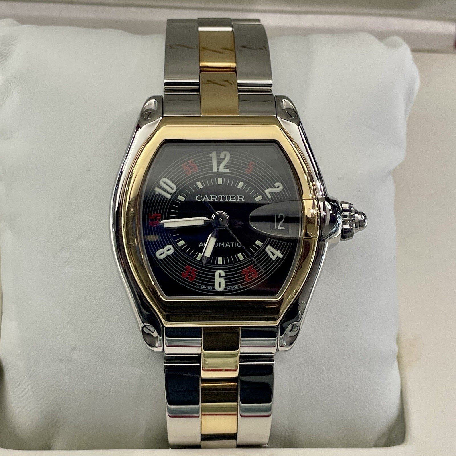 CARTIER ROADSTER LARGE BLACK ROULETTE DIAL YELLOW GOLD STAINLESS ref: W62031Y4