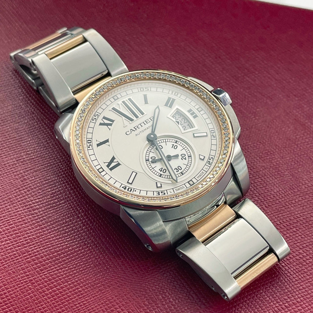 CARTIER CALIBRE 42mm ROSE GOLD STAINLESS DIAMOND BEZEL SILVER DIAL ref: W7100036