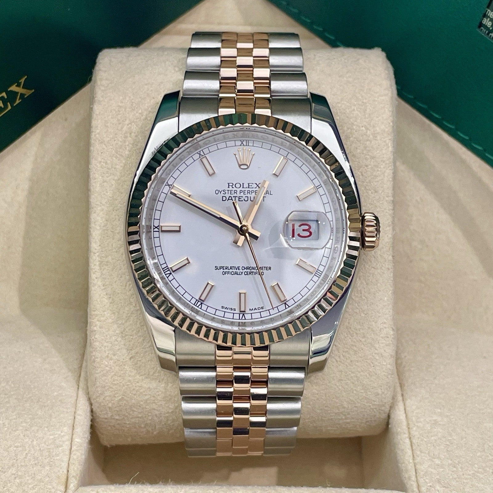 ROLEX DATEJUST 36mm WHITE DIAL ROSE GOLD STAINLESS JUBILEE ref: 116231
