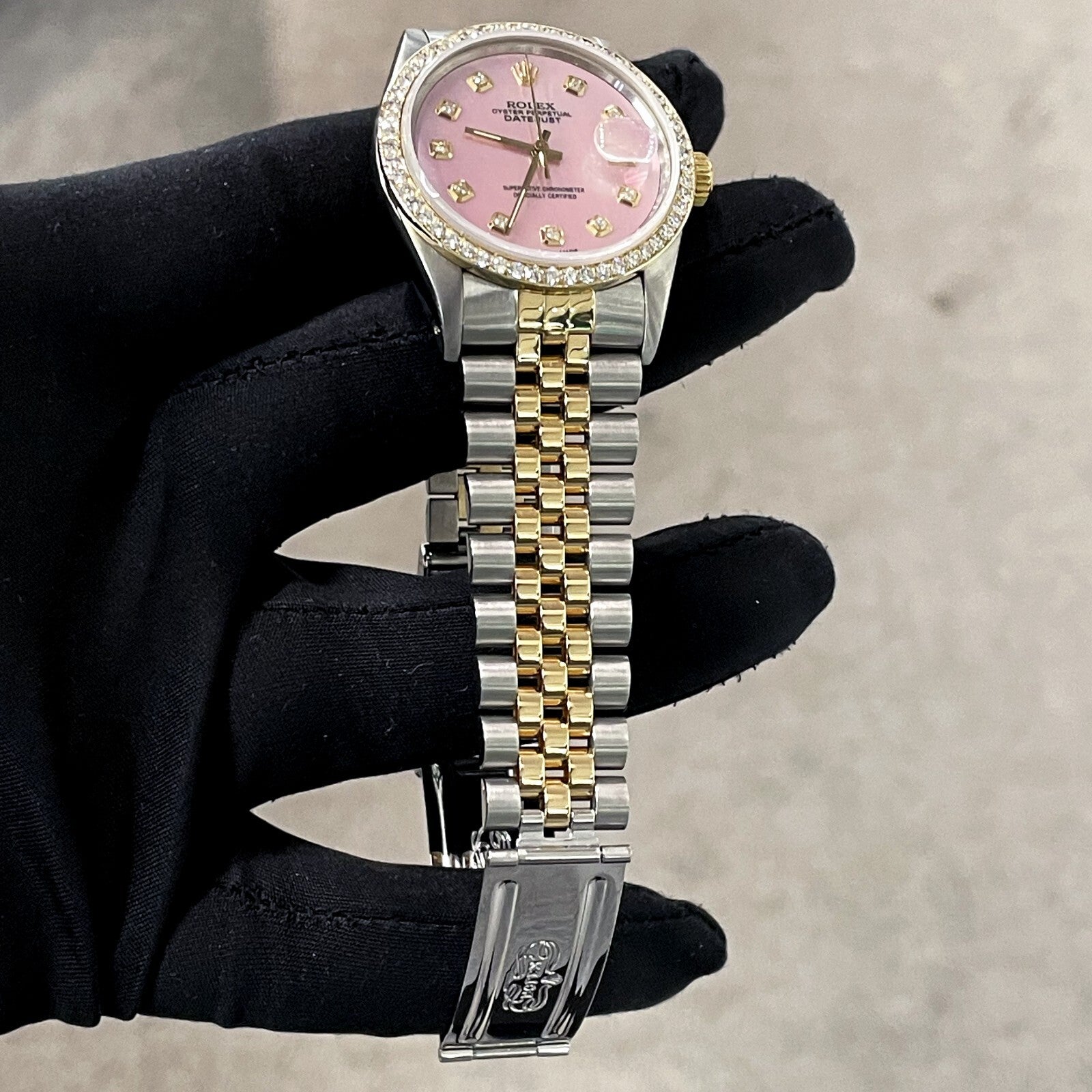 ROLEX DATEJUST 36mm PINK MOTHER OF PEARL 2-TONE JUBILEE DIAMOND BEZEL ref: 16233