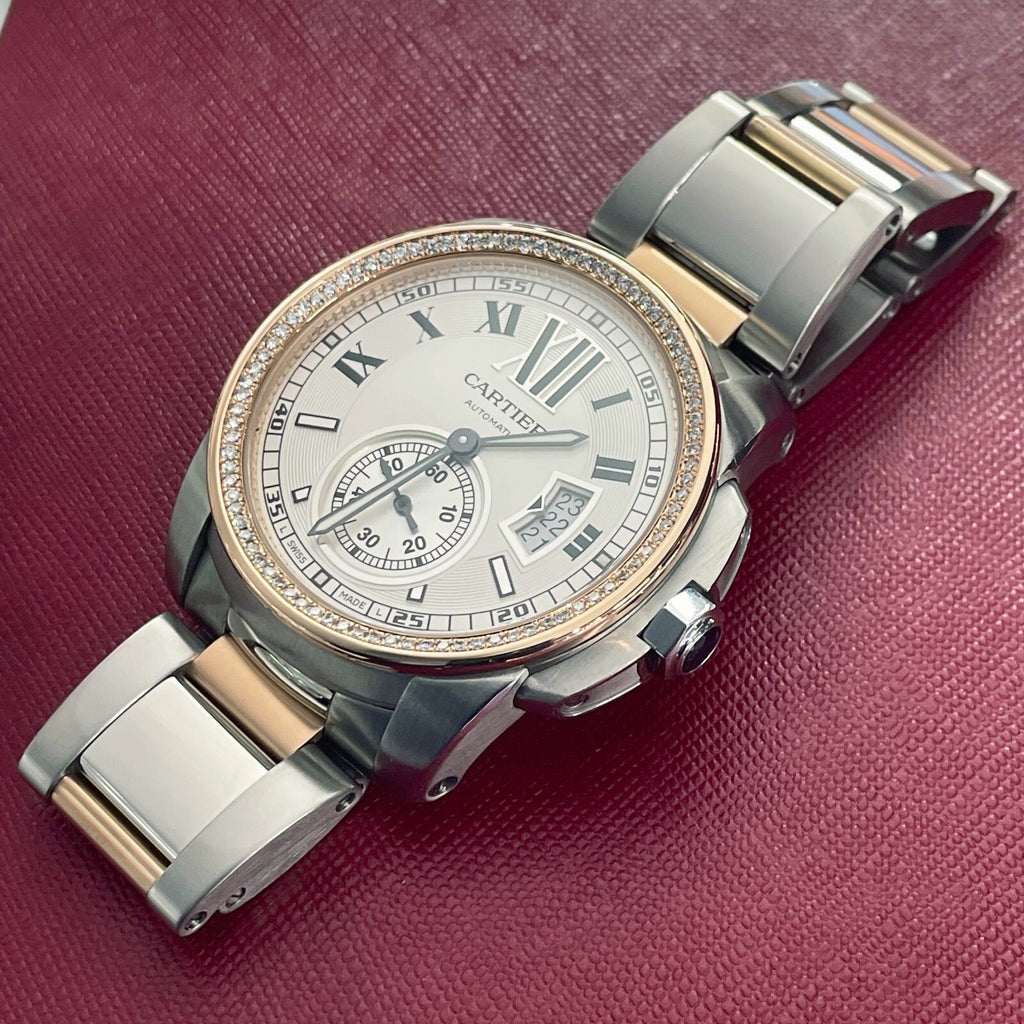 CARTIER CALIBRE 42mm ROSE GOLD STAINLESS DIAMOND BEZEL SILVER DIAL ref: W7100036